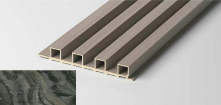 Hollow Fluted Wall Panel – Stone Edition sample close-up with stone-wrap texture. SAIBA Homes