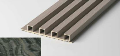 Hollow Fluted Wall Panel – Stone Edition sample close-up with stone-wrap texture. SAIBA Homes