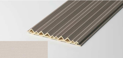 Hollow Triangular Fluted Wall Panel – Cloth Edition featuring a sharp geometric profile with a soft woven-texture surface wrap. SAIBA Homes.