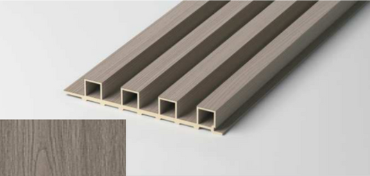 Wood-grain hollow fluted wall panel close-up showing fluted structure.