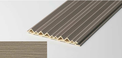 Hollow triangular fluted wall panel with warm wood-grain finish - SAIBA Homes.