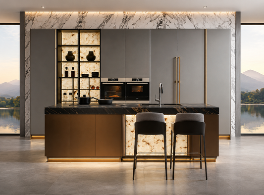 A luxury modern kitchen island setup with dark marble countertops, warm bronze-toned lower cabinets, built-in stainless steel ovens, backlit marble shelving, and two dark bar stools in a high-end interior with large windows overlooking water and mountains.