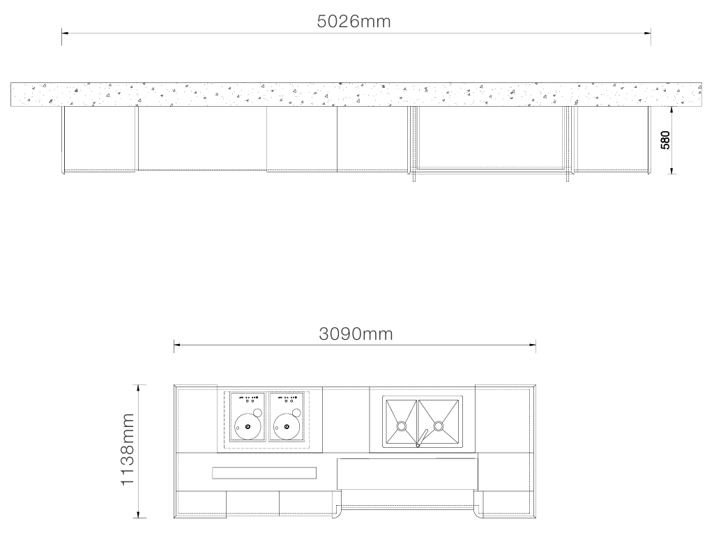 Technical dimension drawing of a kitchen cabinetry and countertop layout, showing front and side elevations with measurements 5026mm, 590mm, 3090mm, and 1118mm on a white background.