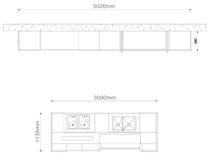 Technical dimension drawing of a kitchen cabinetry and countertop layout, showing front and side elevations with measurements 5026mm, 590mm, 3090mm, and 1118mm on a white background.