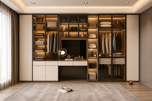 A large built-in walk-in closet system in a modern room, featuring dark wood shelving, hanging rods, glass doors, drawers, and a central desk area with warm ambient lighting.