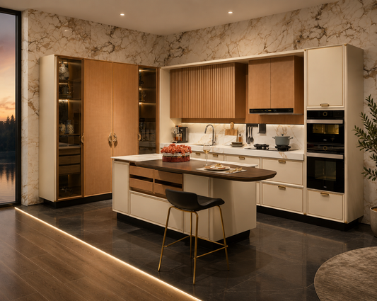 A modern kitchen interior with cream and wood cabinetry, a central island, built-in ovens, marble walls, and a dark floor. No people or animals are present, and the scene appears to be a styled interior render or product-style room visualization rather than a real lifestyle scene centered on a person.