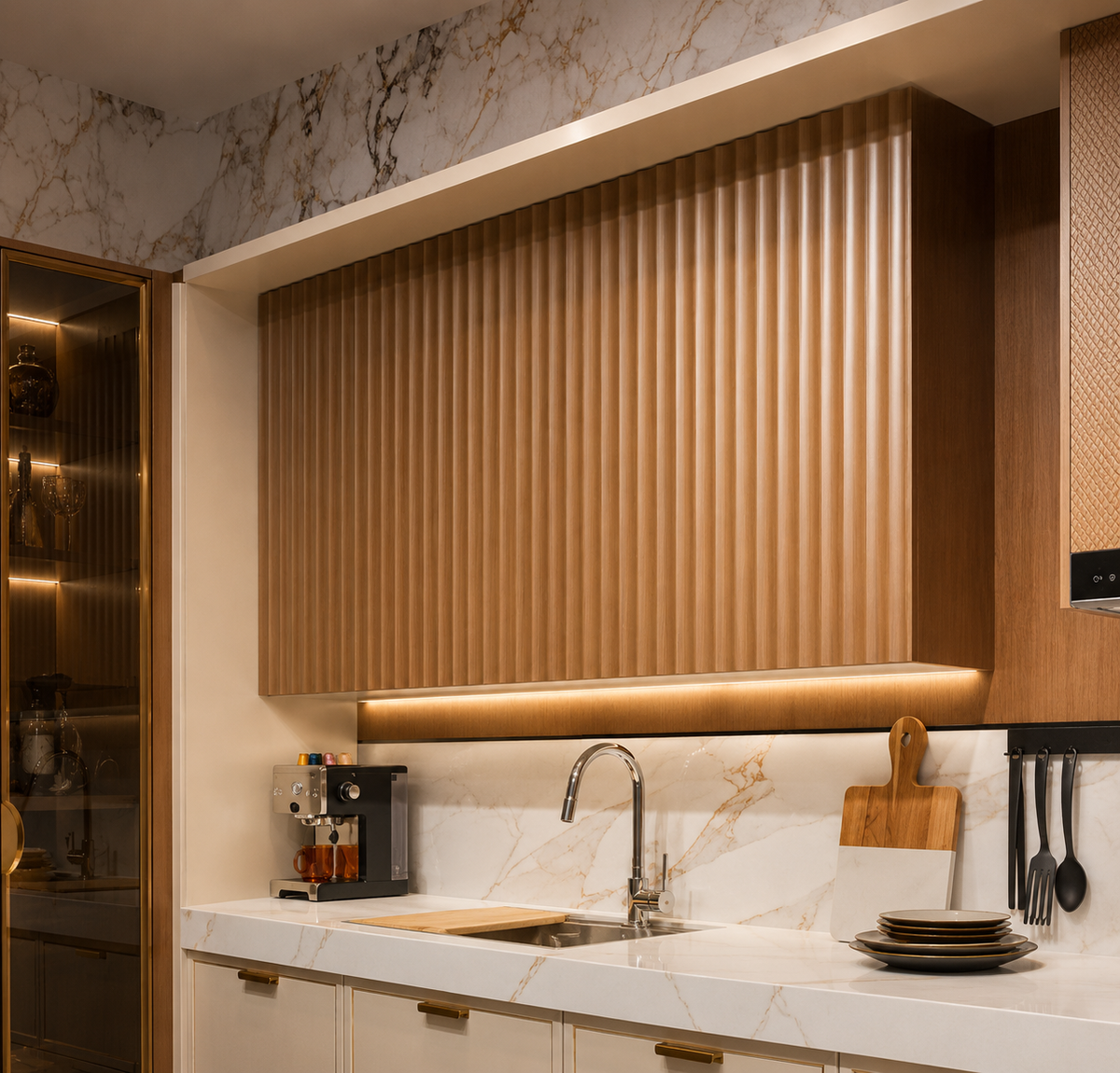Modern kitchen cabinetry featuring a large fluted wood panel above a white marble countertop with a chrome faucet, backsplash, and warm under-cabinet lighting.