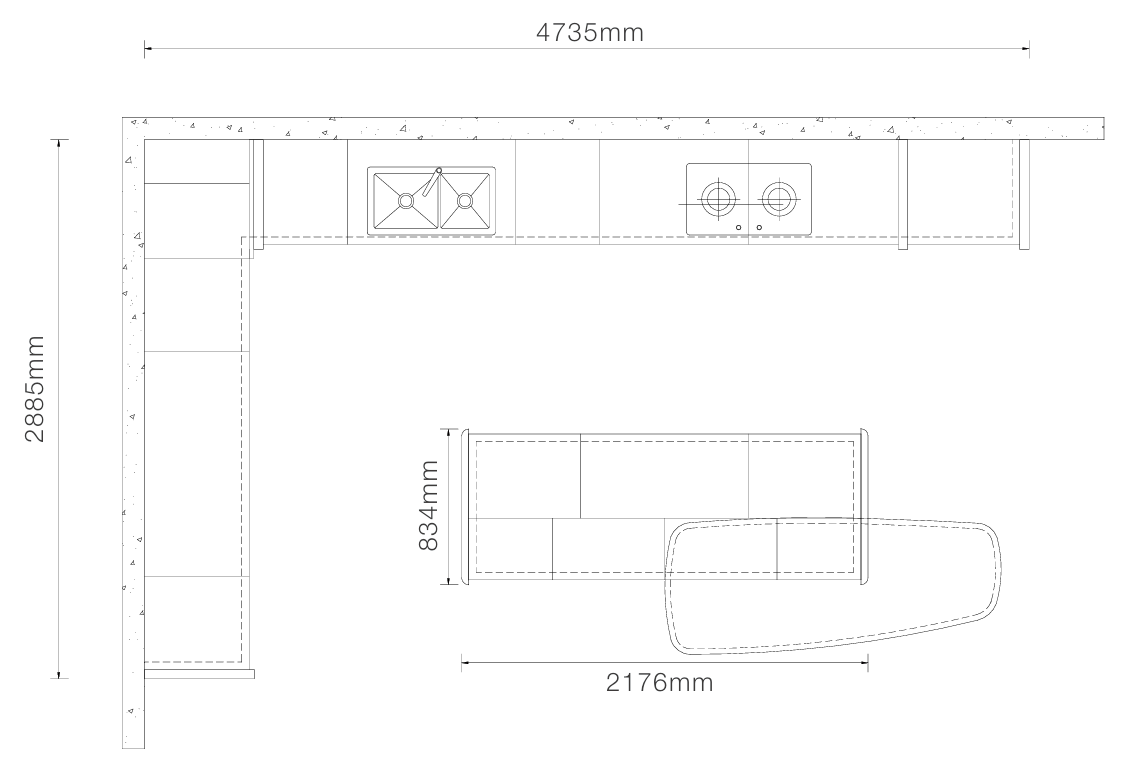 A black-and-white technical line drawing showing dimensions of a kitchen cabinetry layout, with measurements labeled 4735mm, 2885mm, 834mm, and 2176mm.