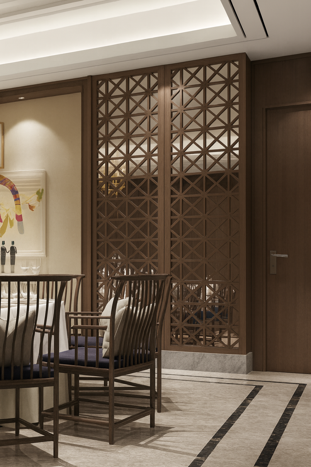 Geometric wooden room divider with traditional lattice design in a luxury space.