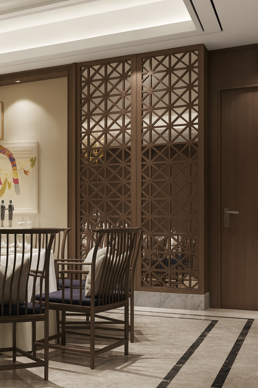 Geometric wooden room divider with traditional lattice design in a luxury space.