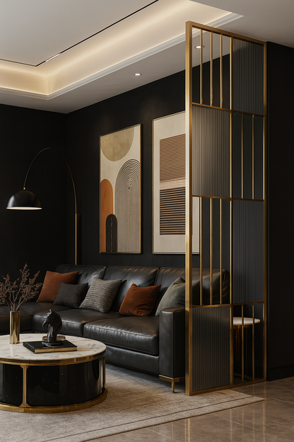 Luxury room divider featuring vertical metal lines and textured fluted accents