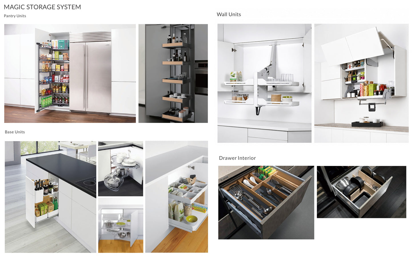 A collage of product photos showing a kitchen magic storage system with pantry units, wall units, base units, and drawer interiors. The images demonstrate white and dark wood kitchen cabinets, shelves, and pull-out storage organizers filled with kitchen items, set in modern kitchens.