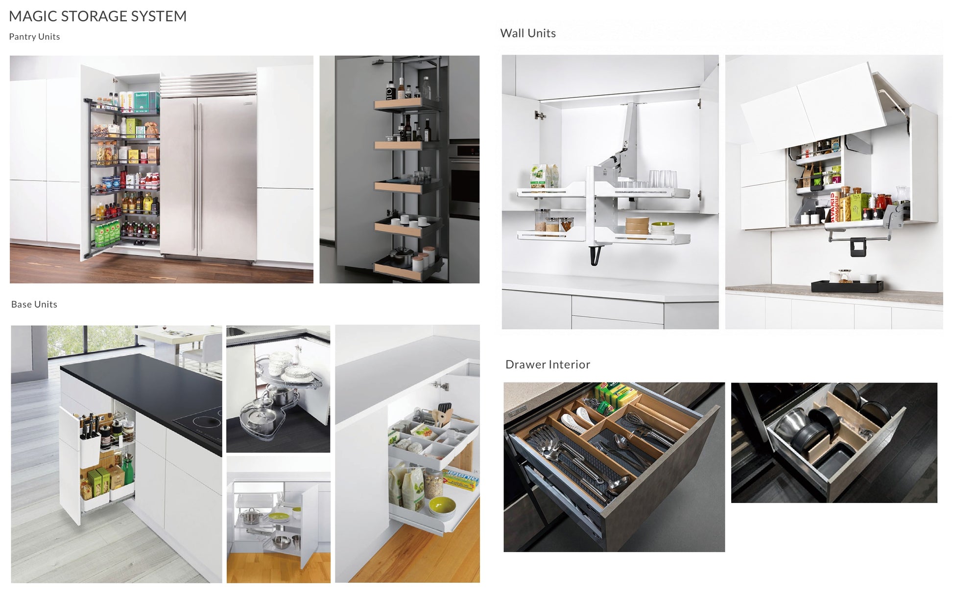 A collage of product photos showing a kitchen magic storage system with pantry units, wall units, base units, and drawer interiors. The images demonstrate white and dark wood kitchen cabinets, shelves, and pull-out storage organizers filled with kitchen items, set in modern kitchens.