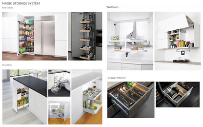 A collage of product photos showing a kitchen magic storage system with pantry units, wall units, base units, and drawer interiors. The images demonstrate white and dark wood kitchen cabinets, shelves, and pull-out storage organizers filled with kitchen items, set in modern kitchens.