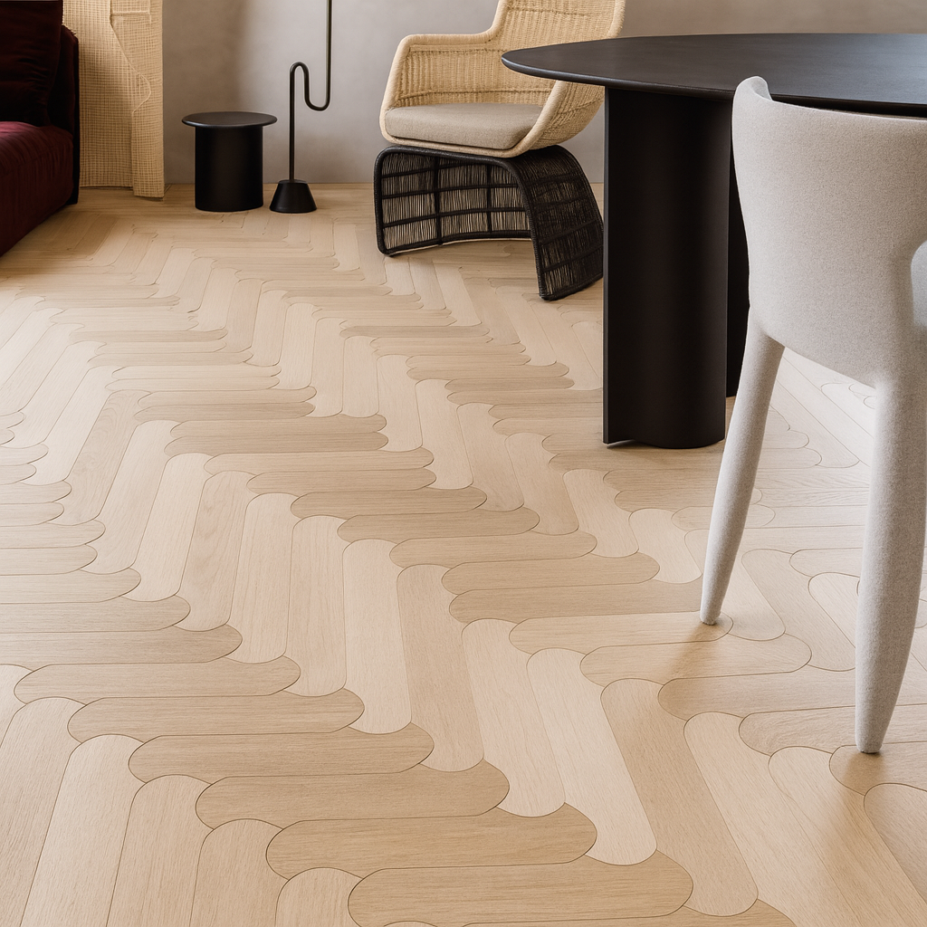 Curved-edge engineered hardwood flooring in light oak tones, flowing pattern — SAIBA Homes