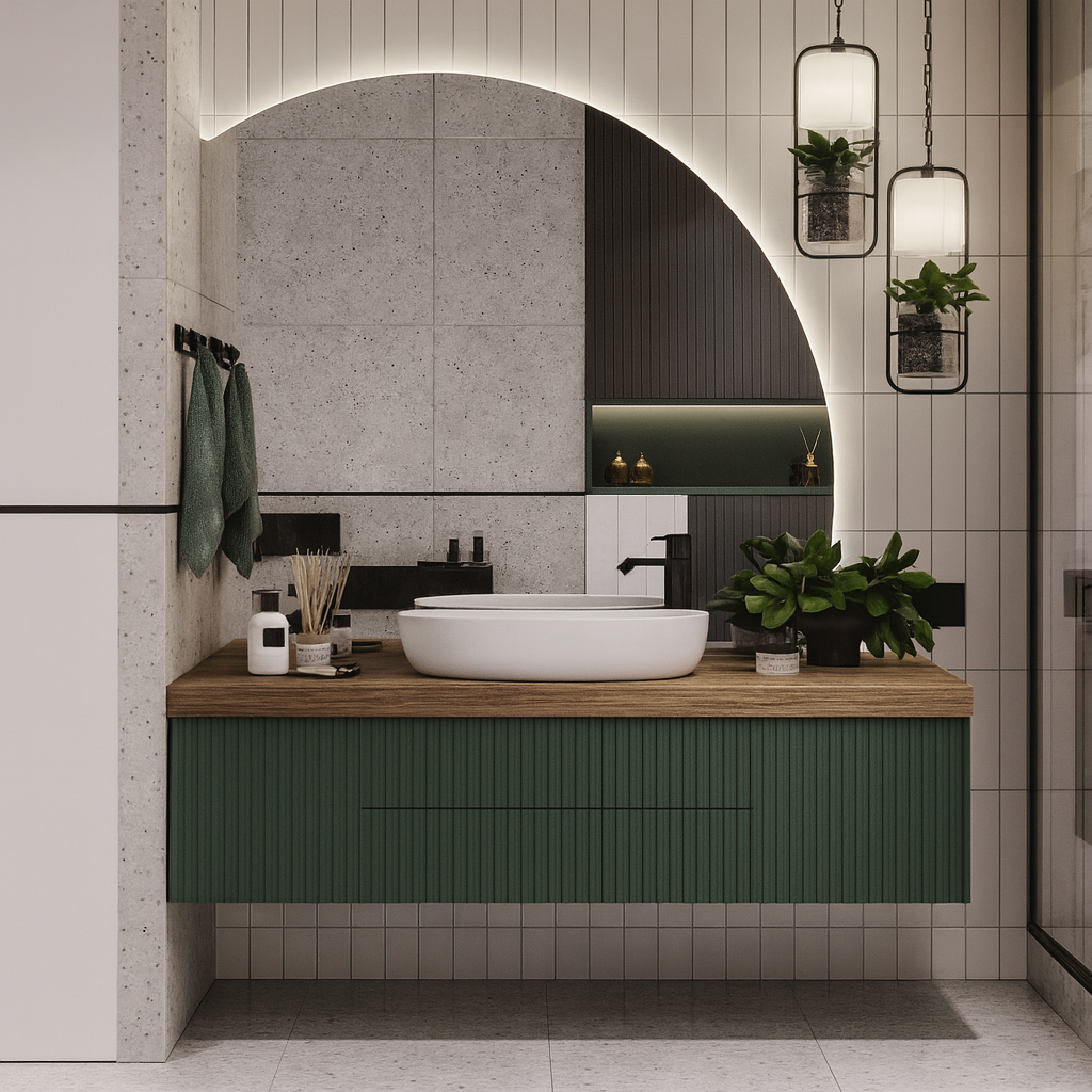 Floating vanity with forest-green fluted cabinetry, warm wood countertop, white vessel basin, matte black faucet, and arched backlit feature wall – SAIBA Homes.