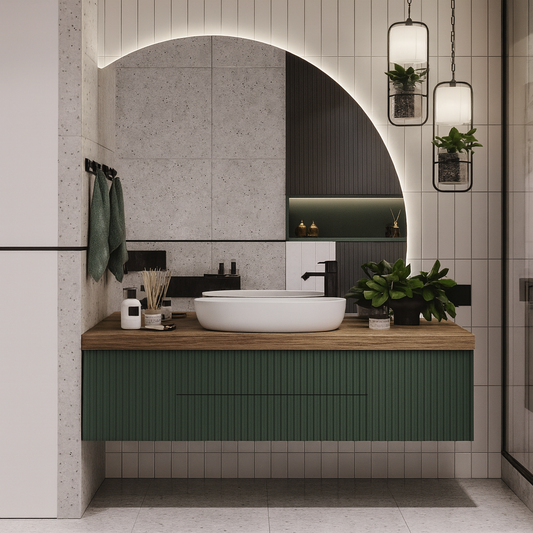 Floating vanity with forest-green fluted cabinetry, warm wood countertop, white vessel basin, matte black faucet, and arched backlit feature wall – SAIBA Homes.