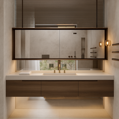 Floating double vanity with warm wood cabinetry, integrated dual basin, gold fixtures, large mirrored cabinet, and soft under-cabinet lighting – SAIBA Homes.