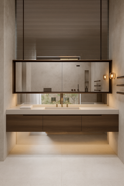 Warm woodgrain bathroom vanity cabinet detail with LED lighting below
