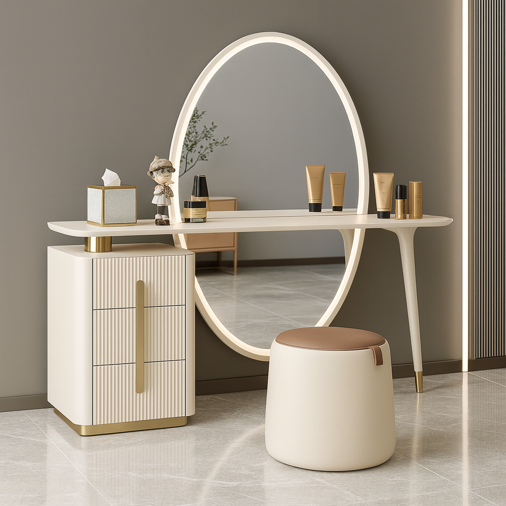 Dressing table with round mirror, stool, and cosmetic products in a room.