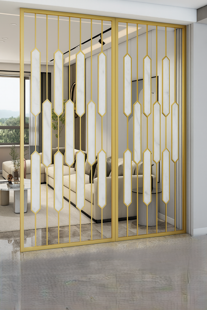 Luxury stainless steel room divider with elongated hexagonal inset design