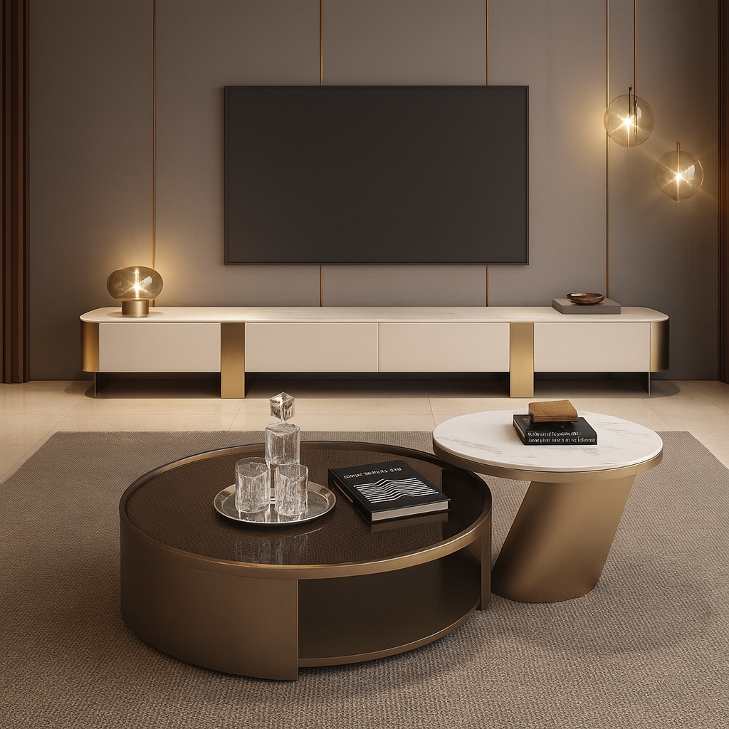 Modern living room with a television mounted on the wall, round coffee table, and side table.