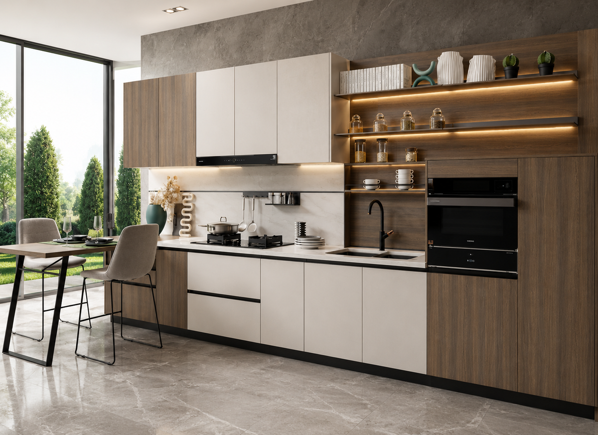 A modern kitchen cabinetry set with white flat-panel doors and wood-grain veneer fronts, black countertops, built-in black appliances, open shelving with warm lighting, and a dining table with chairs beside large windows.