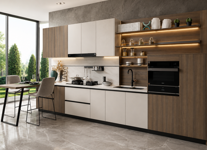 A modern kitchen cabinetry set with white flat-panel doors and wood-grain veneer fronts, black countertops, built-in black appliances, open shelving with warm lighting, and a dining table with chairs beside large windows.