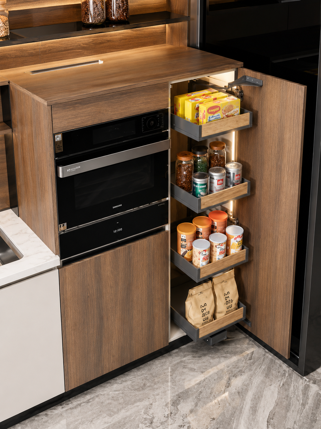 A kitchen cabinet with wood grain doors and a built-in black oven, shown with a pull-out spice rack open and filled with jars, cans, boxes, and bags of spices. The cabinet is set in a modern kitchen with gray marble flooring.