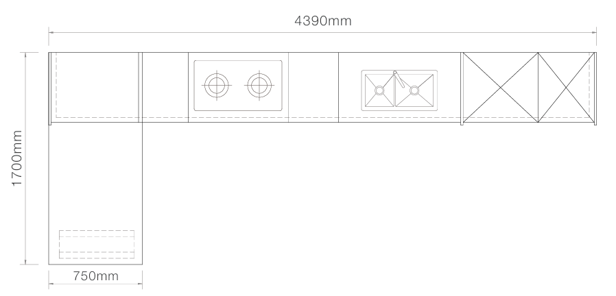 A black-and-white technical dimension drawing of a linear kitchen cabinet layout, showing a total width of 4390mm, a height of 1700mm, and a base dimension of 750mm, with simplified outlines of cabinet compartments and sink/oven symbols.