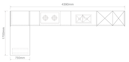 A black-and-white technical dimension drawing of a linear kitchen cabinet layout, showing a total width of 4390mm, a height of 1700mm, and a base dimension of 750mm, with simplified outlines of cabinet compartments and sink/oven symbols.