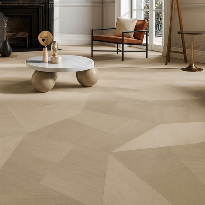 Geometric engineered hardwood flooring with multi-shape panels in natural walnut/oak tones, SAIBA Homes