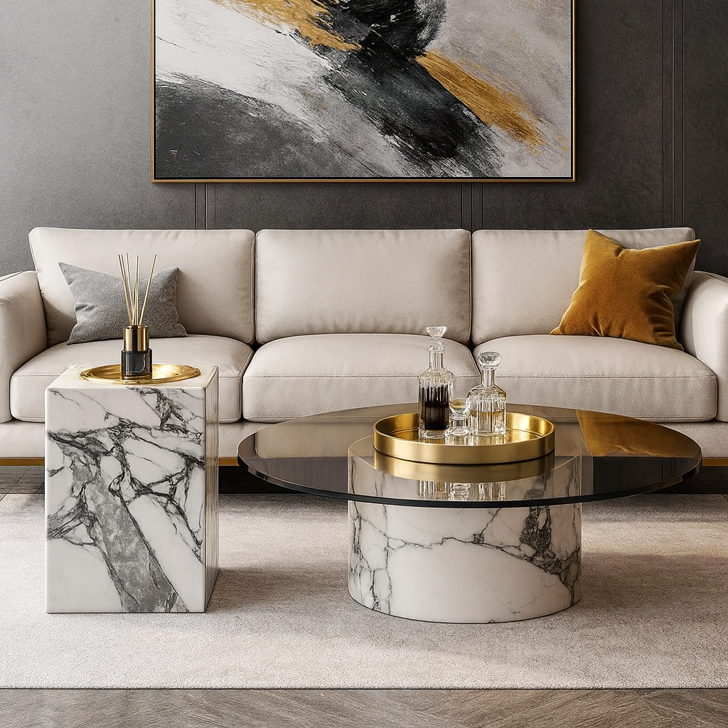 Modern living room with a beige sofa, marble coffee table with a glass top