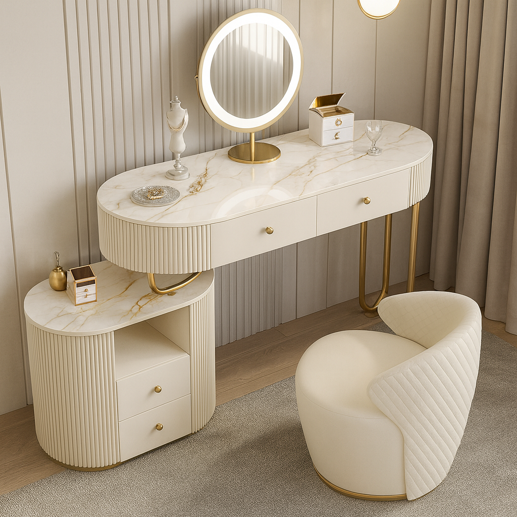 Marble vanity table with round mirror and chair in a room setting