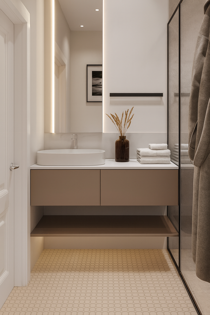 Floating taupe bathroom vanity with oval vessel sink, slab-front drawers, open shelf, and minimalist soft-lit wall design – SAIBA Homes.