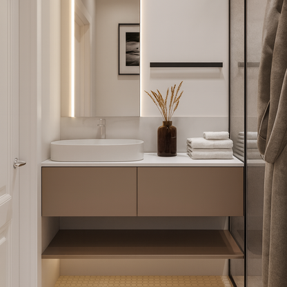 Taupe slab-front drawer detail with vessel sink