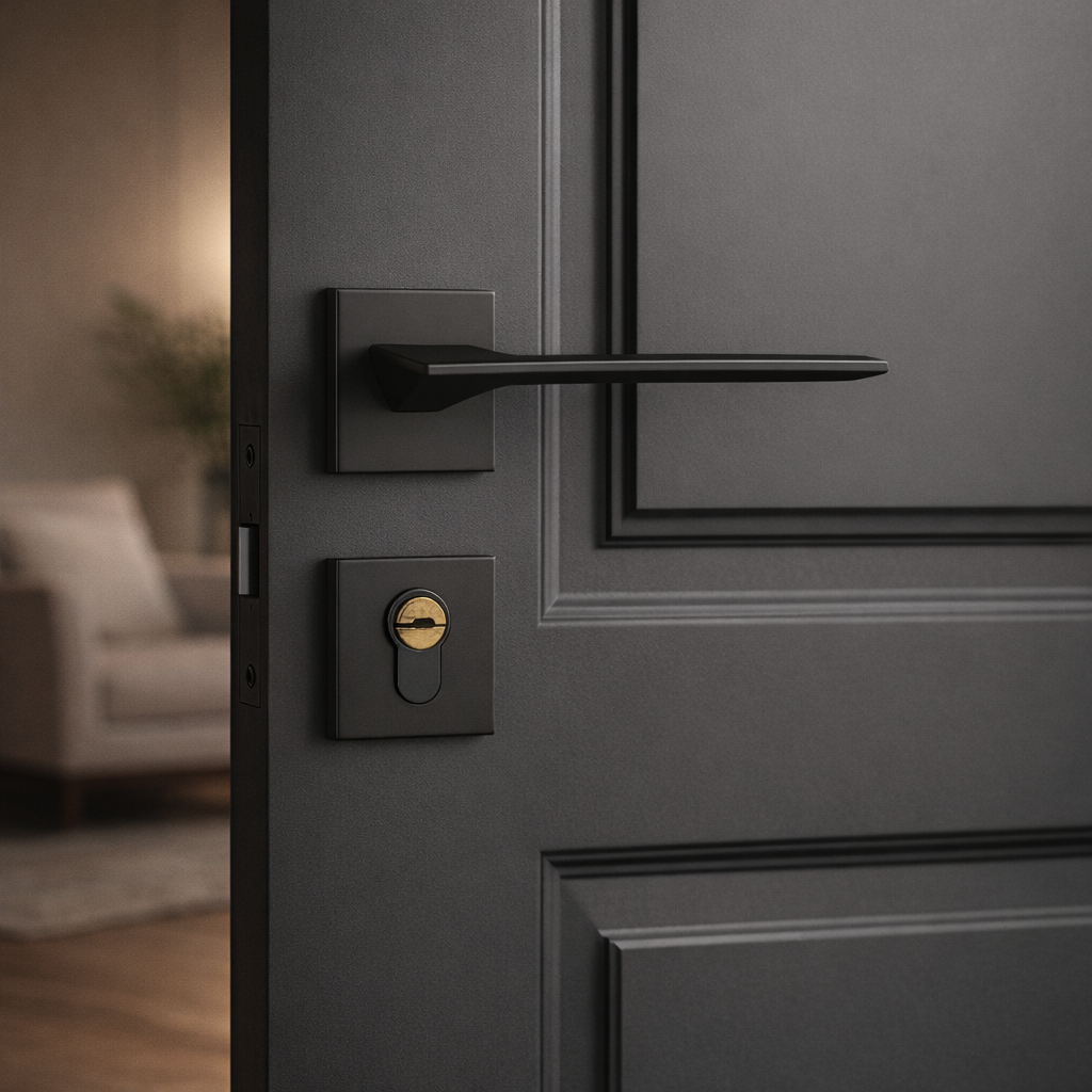Close-up of a dark gray door with a black handle and lock in a home setting.