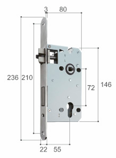 Metal lock mechanism with dimensions labeled on a white background