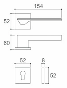 Dimensions of a door handle and lock mechanism