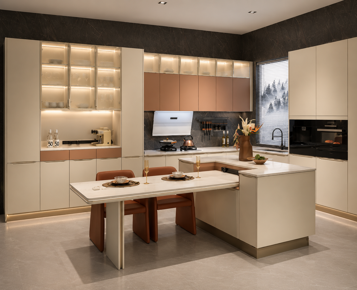 A modern kitchen interior with cream and blush pink cabinetry, a central island, built-in seating, under-cabinet lighting, and a dark textured wall. No people or animals are present.