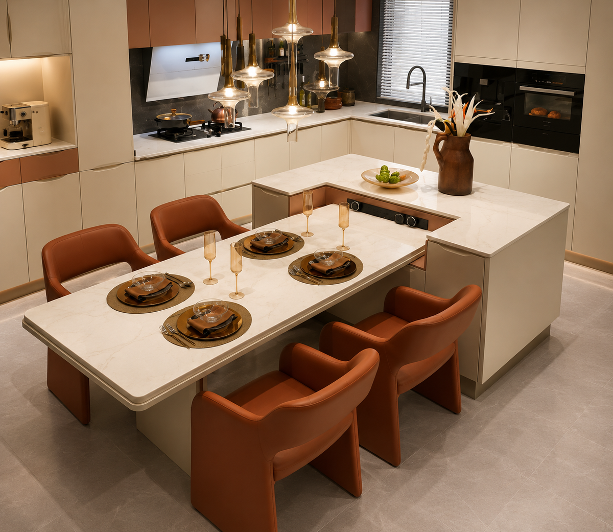 A modern kitchen island with a white marble-look dining table and six terracotta-colored upholstered chairs, set in a contemporary kitchen with beige cabinetry and pendant lights.