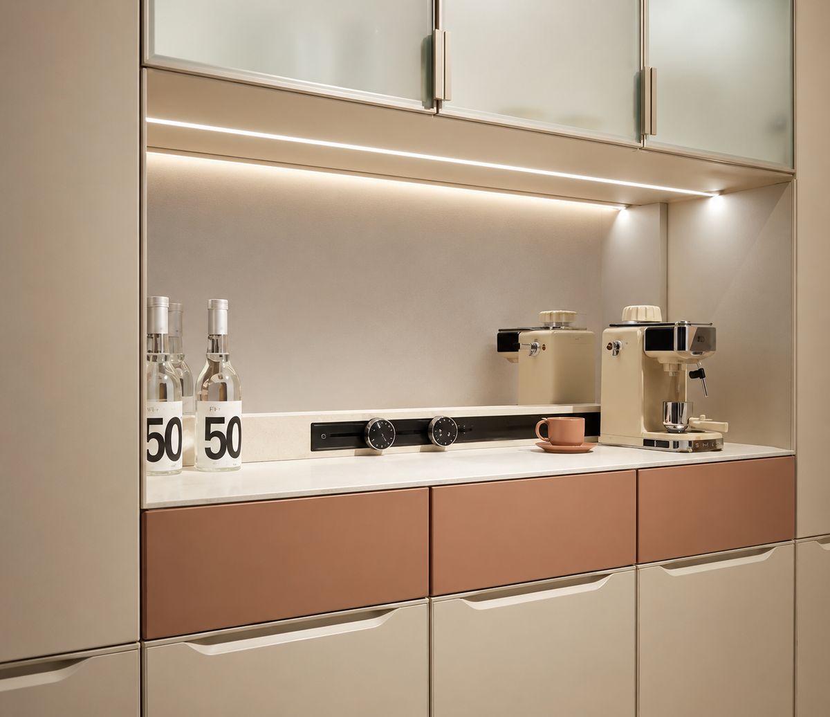 A modern kitchen counter setup with cream and blush pink cabinets, under-cabinet LED lighting, a built-in black appliance, and countertop coffee equipment and bottles.