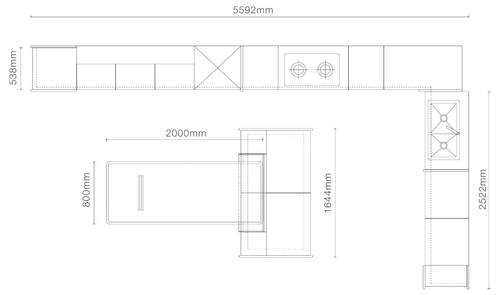 A black and white technical schematic showing the dimensions of a kitchen cabinetry layout, with top-down and front views annotated with measurements in millimeters.