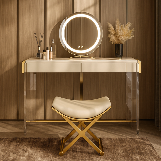 Dressing table with illuminated mirror and stool in a room with wooden walls.