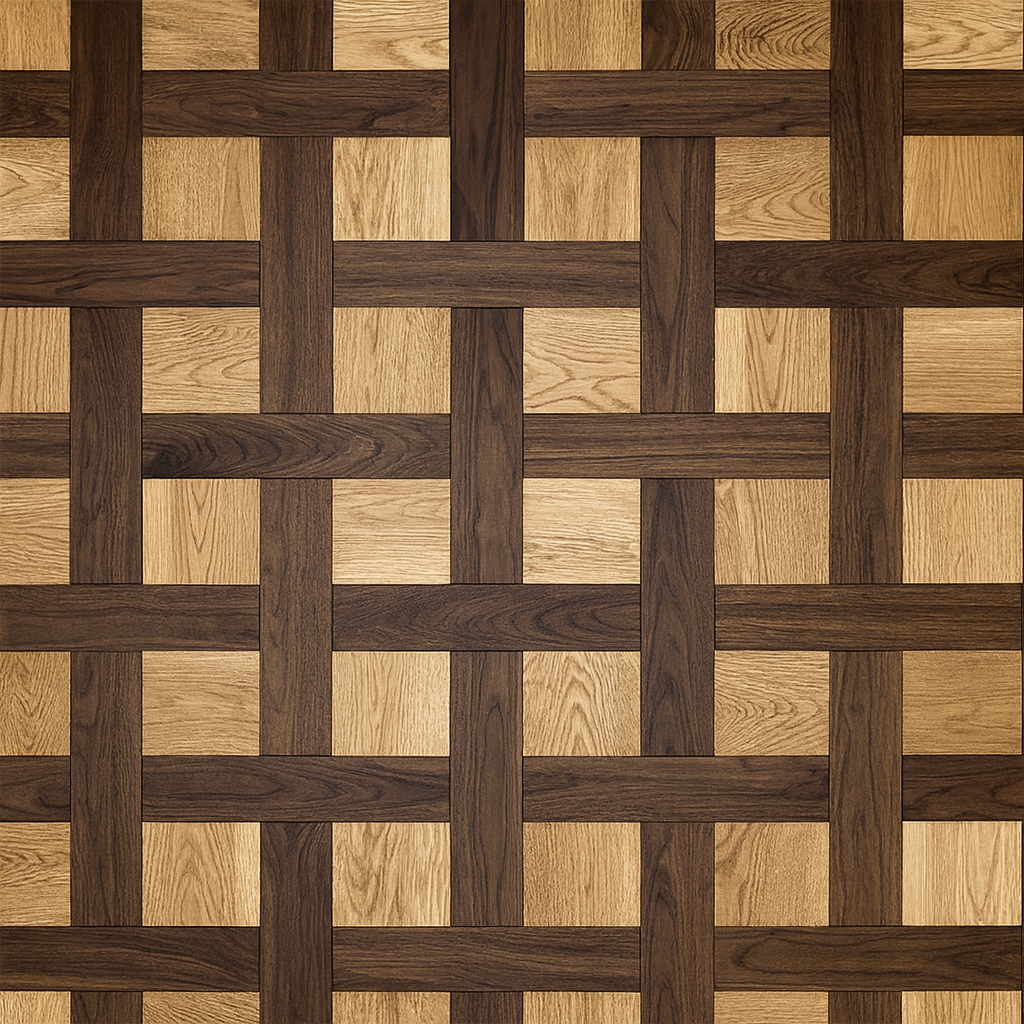 Basket-weave Walnut and Oak engineered hardwood flooring in geometric grid design – SAIBA Homes