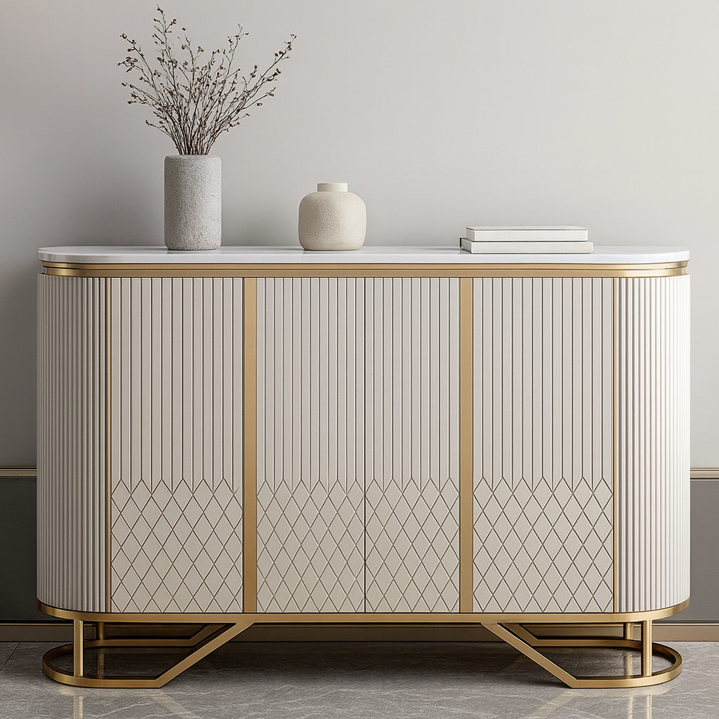 Decorative entryway console with geometric design and gold accents on a neutral background