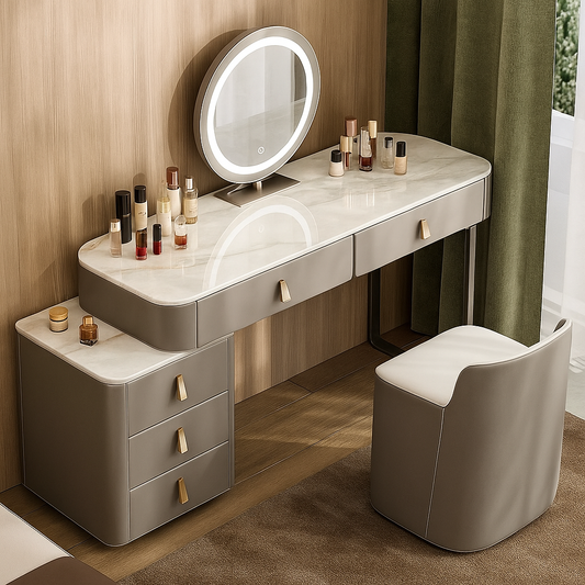 Dressing table with mirror and makeup products in a room with wooden floor and green curtain.