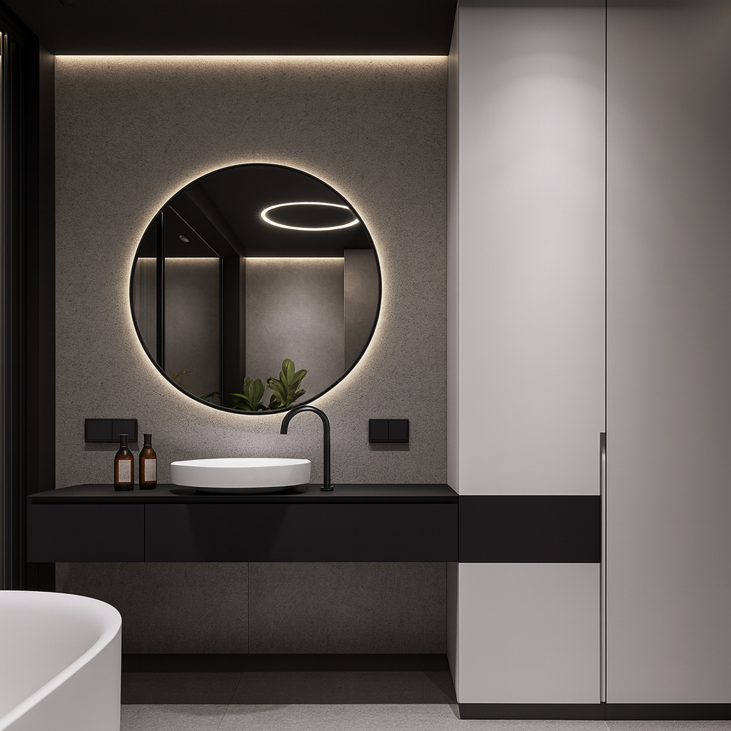 Modern matte black floating vanity with round vessel sink, ambient backlit circular mirror, and minimalist contemporary bathroom design – SAIBA Homes.