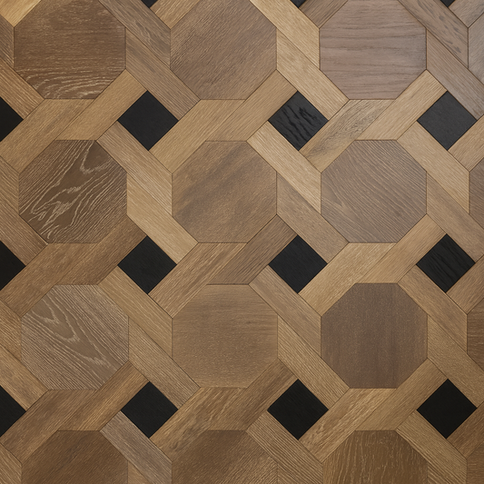 Octagon-weave engineered wood flooring in Walnut/Oak with black accents – SAIBA Homes.