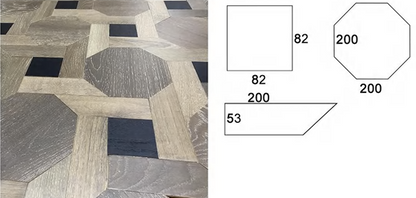 Luxury geometric hardwood floor featuring interlocking octagon and square pattern – SAIBA Homes.